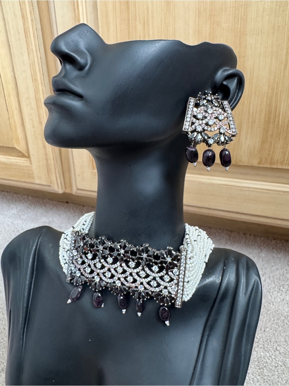 Elegant Black & White Beaded Choker Necklace with Matching Earrings